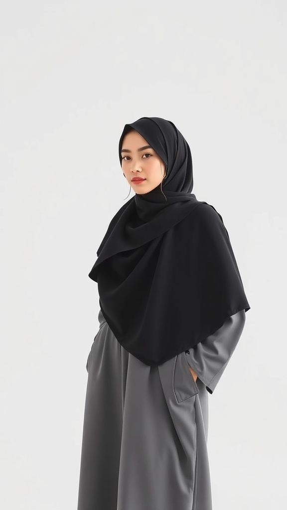 A woman in a black hijab and gray outfit, showcasing minimalist monochrome style.