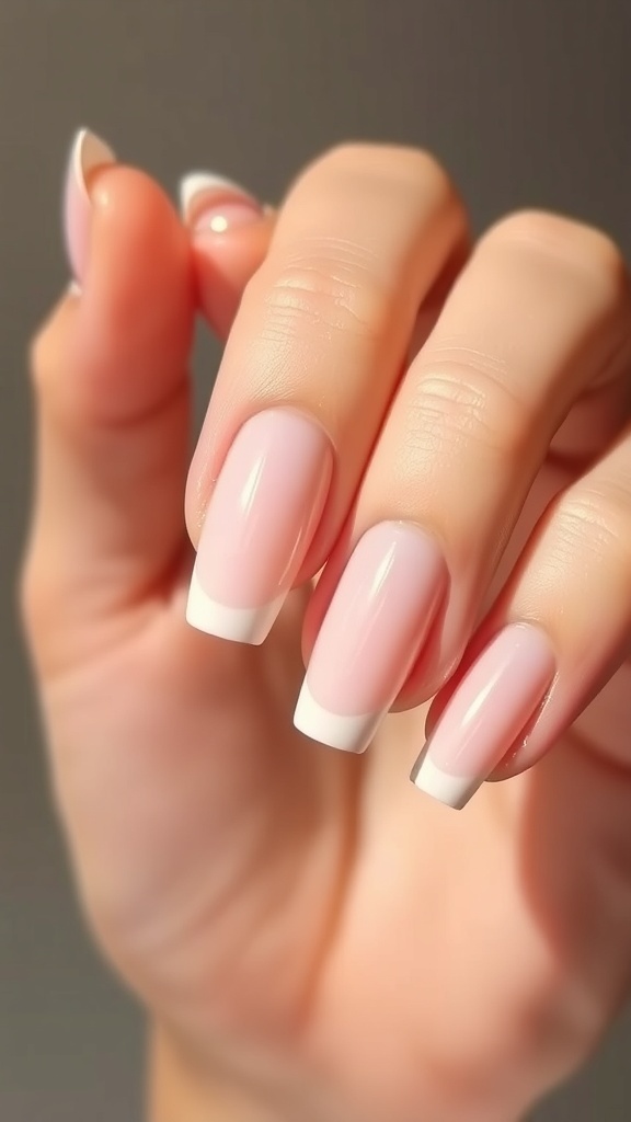 A minimalist negative space nail design featuring a soft pink gradient.