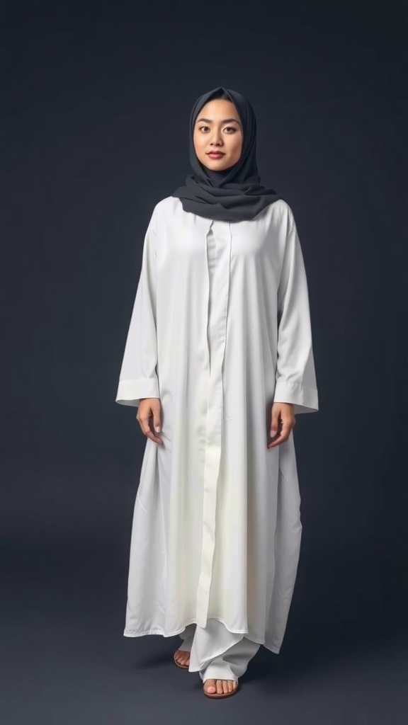 A minimalist open-front abaya in white, hanging on a wooden hanger.