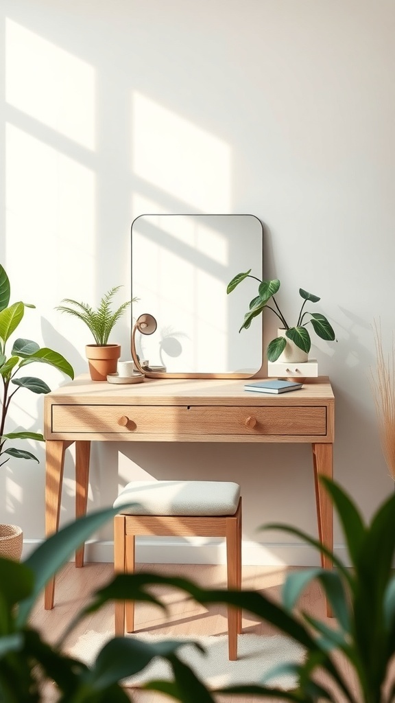 A minimalist Scandinavian dressing table with a wooden finish, a mirror, and potted plants.