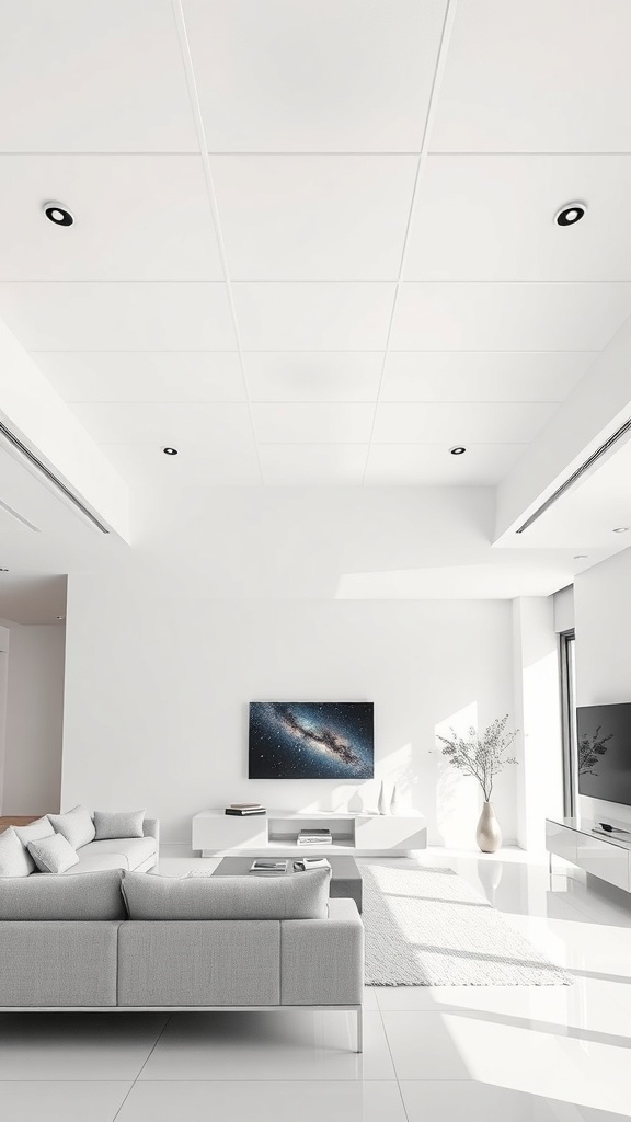A minimalist living room with white ceiling panels and modern furniture.