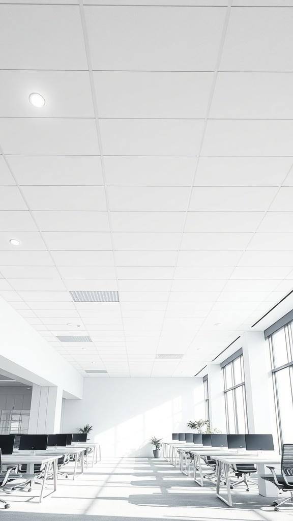 A spacious office with a minimalist white pop ceiling and large windows