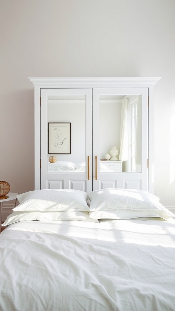 Wardrobe with mirrored doors behind a bed, reflecting light and enhancing the room's decor.
