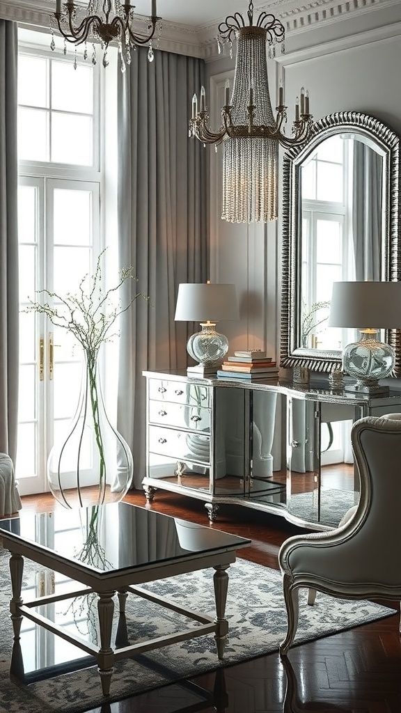 A stylish living room with mirrored furniture, including a console table and a large ornate mirror, complemented by a chandelier and elegant curtains.