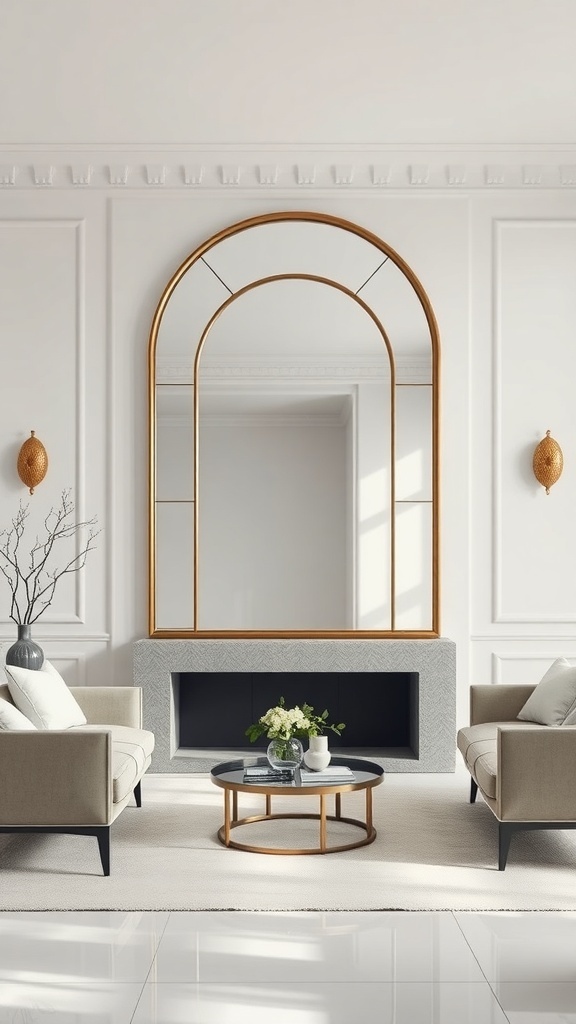 A stylish living room featuring a large arched mirror above a fireplace, with two sofas and a coffee table.