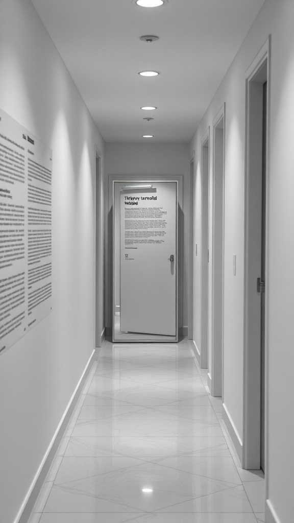 A modern hallway with a mirror at the end, featuring clean lines and shiny flooring.