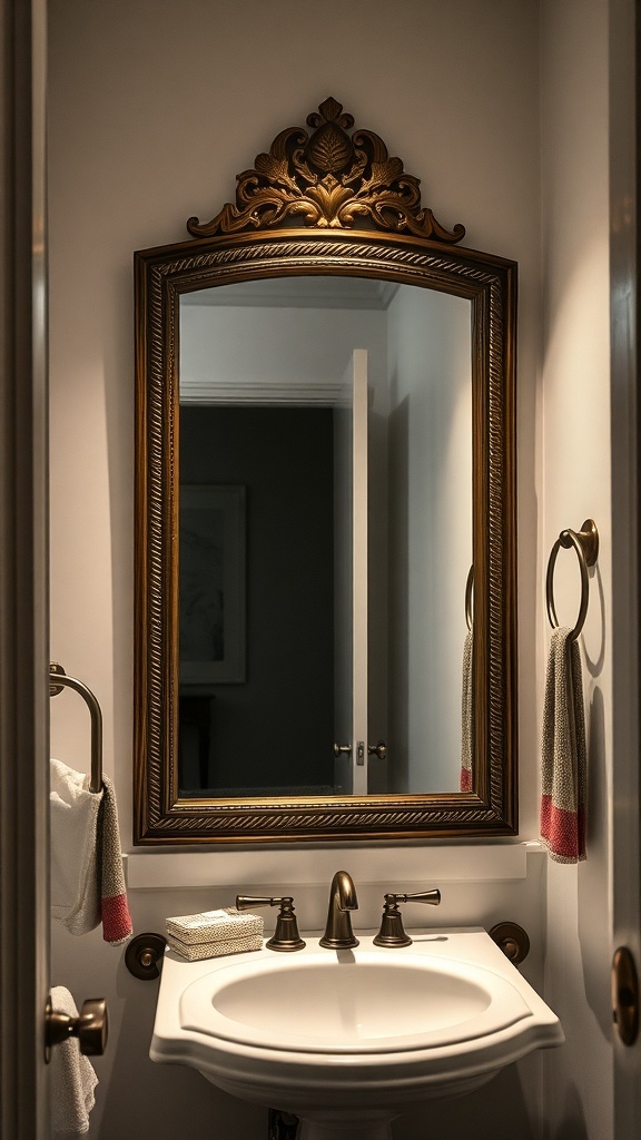 A small powder room featuring an ornate mirror above a sink with decorative towels.