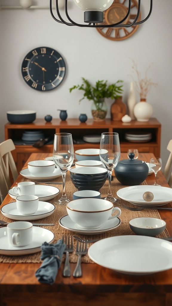 A dining table set with a mix of dinnerware styles, featuring white plates, dark blue bowls, and elegant glassware.