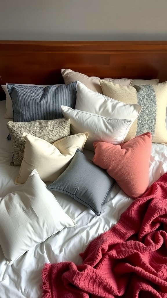 A variety of pillows in different colors and textures arranged on a bed with a red blanket.