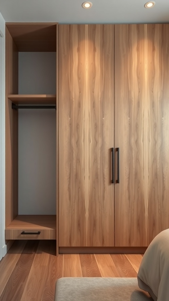 A modern built-in wardrobe made of wood with black handles, featuring warm lighting.