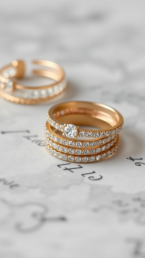 A collection of stacked rings in gold and rose gold with sparkling stones.