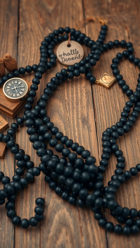 An assortment of black beaded jewelry displayed with wooden and metallic elements on a wooden surface.
