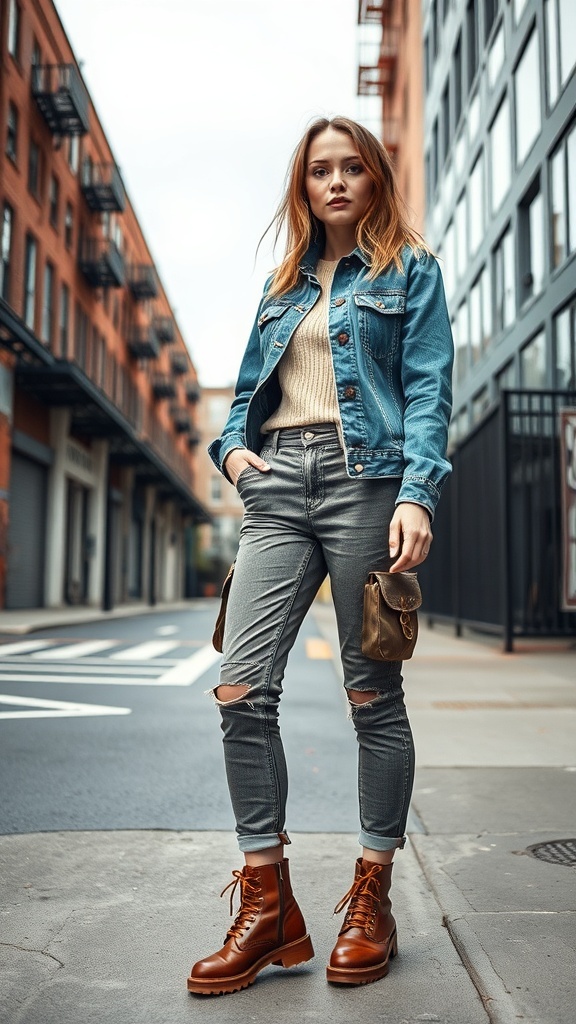 A woman wearing a denim jacket, cargo pants, and brown lace-up boots, standing on a city street.