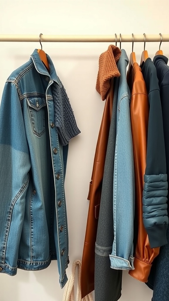 A collection of clothing items on a hanger, showcasing different textures including denim, knit, and leather.