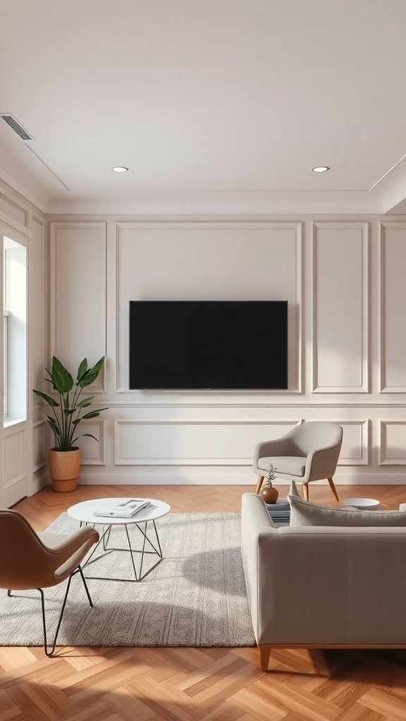 A modern living room featuring flat panel wainscoting, a flat-screen TV, stylish chairs, and a cozy atmosphere.