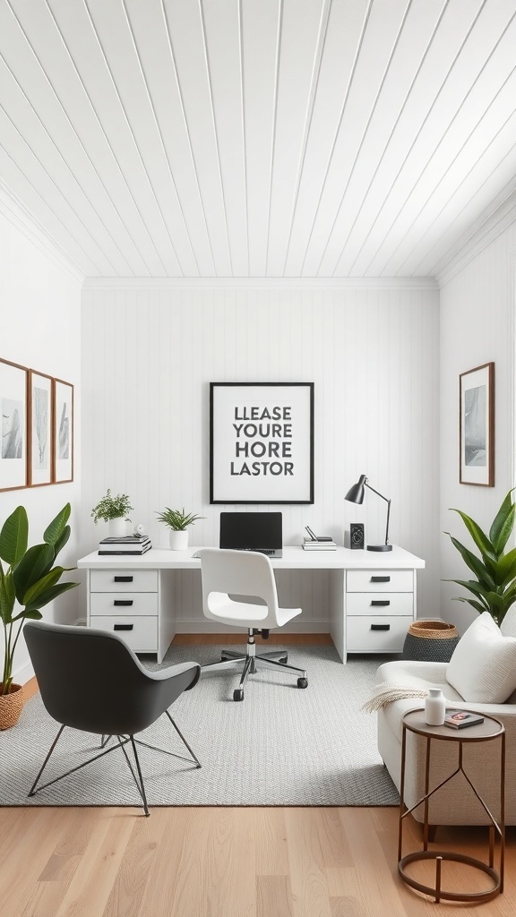 A modern workspace featuring a sleek beadboard ceiling, minimalist furniture, and indoor plants.