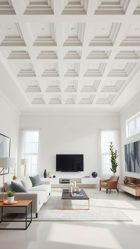 Modern minimalist living room with a coffered ceiling, featuring white decor and simple furniture.