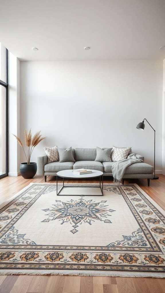 A modern living room featuring a minimalist design with an Iranian carpet, gray sofa, and a round coffee table.