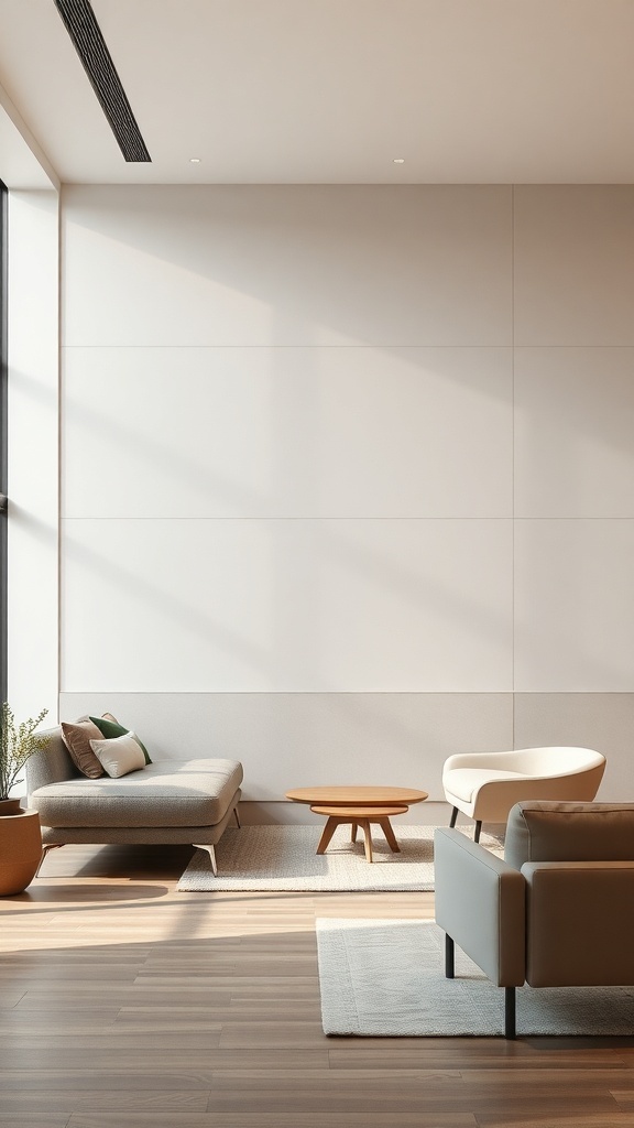 A modern minimalist living room with half wall paneling, featuring a sleek sofa, a round coffee table, and a bright, open atmosphere.