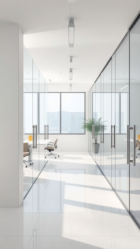 A modern office corridor with glass partitions, bright lighting, and minimalist furniture.