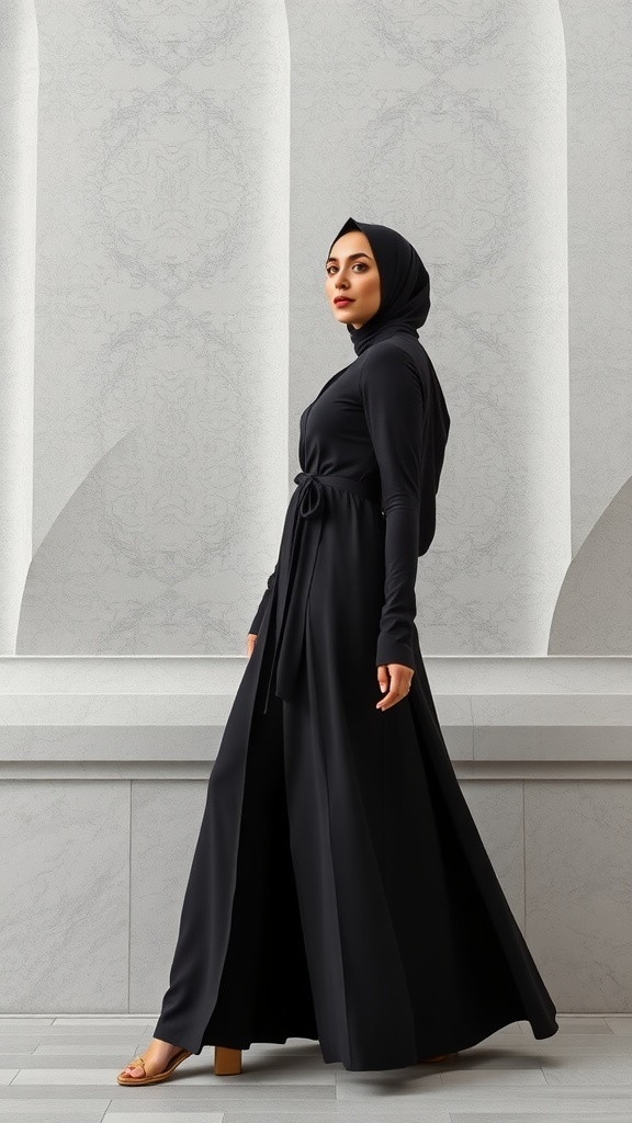 A modern minimalist black and white abaya displayed on a mannequin in a stylish boutique.