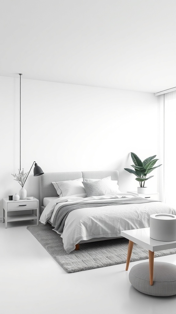 A modern monochrome bedroom featuring gray and white decor with a bed, nightstands, and a plant.