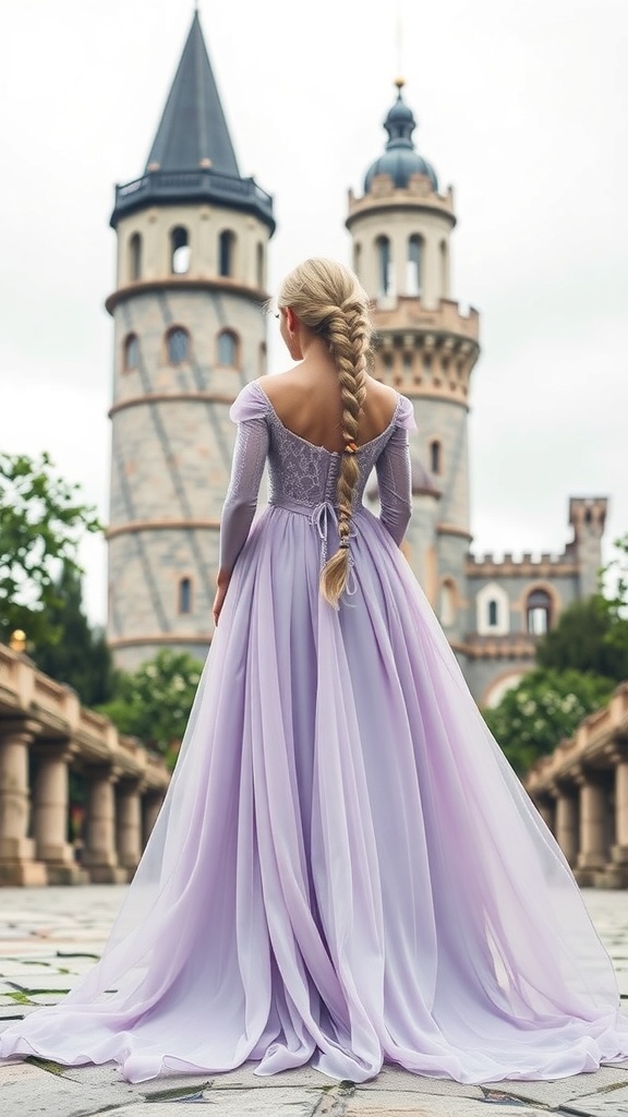 A girl in a lavender dress with a braid standing in front of a castle.