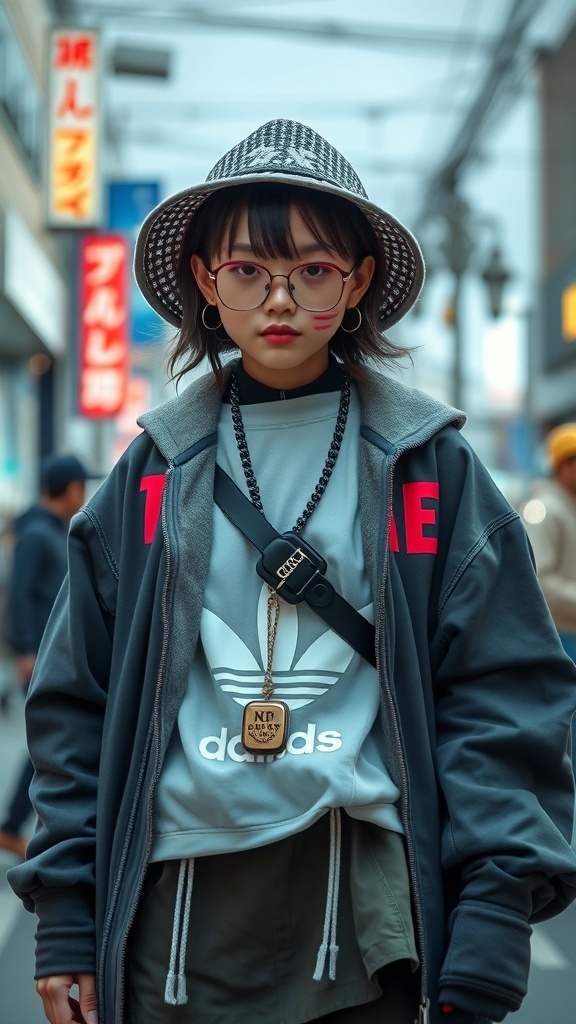 A young person in modern streetwear, featuring an oversized jacket, sporty sweatshirt, and accessories like a hat and glasses.