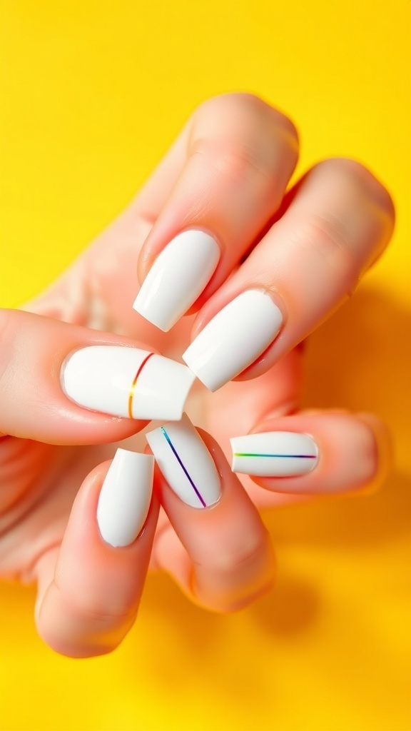 A close-up of white French nails with colorful accent lines on a yellow background.