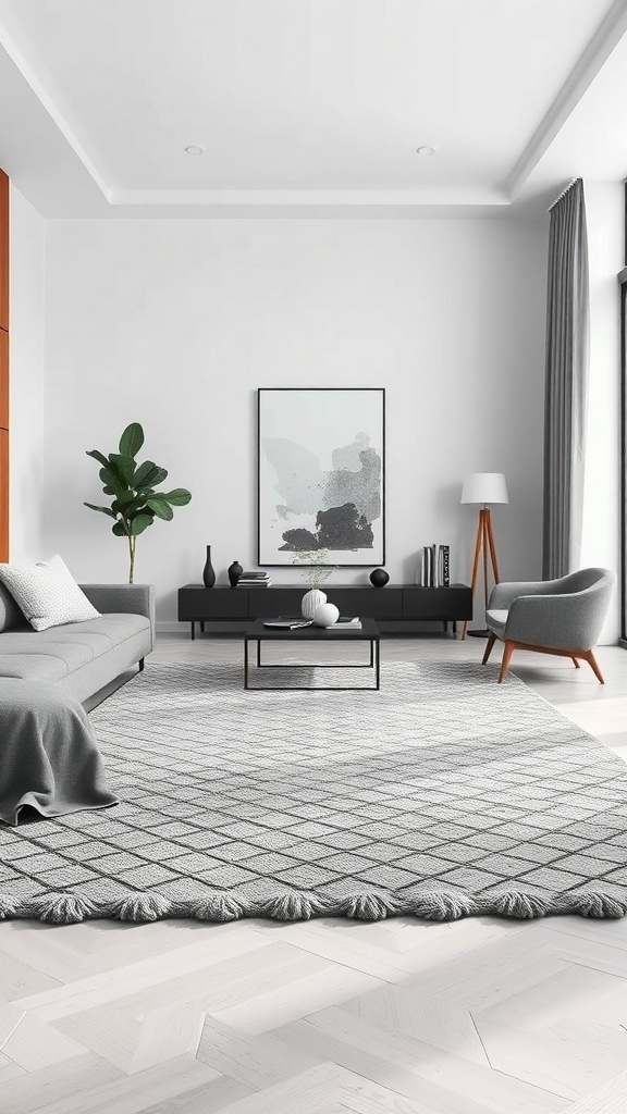 A modern living room featuring a tufted gray rug, gray sofa, and minimalist decor.