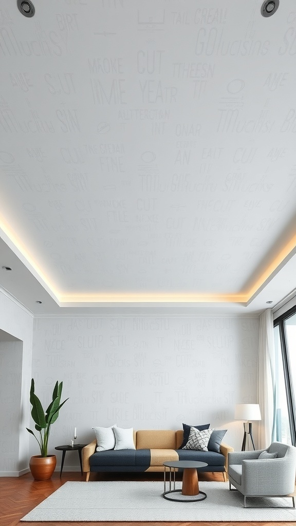 A modern living room featuring a monochromatic ceiling wallpaper with a subtle pattern, complemented by neutral furniture and warm lighting.