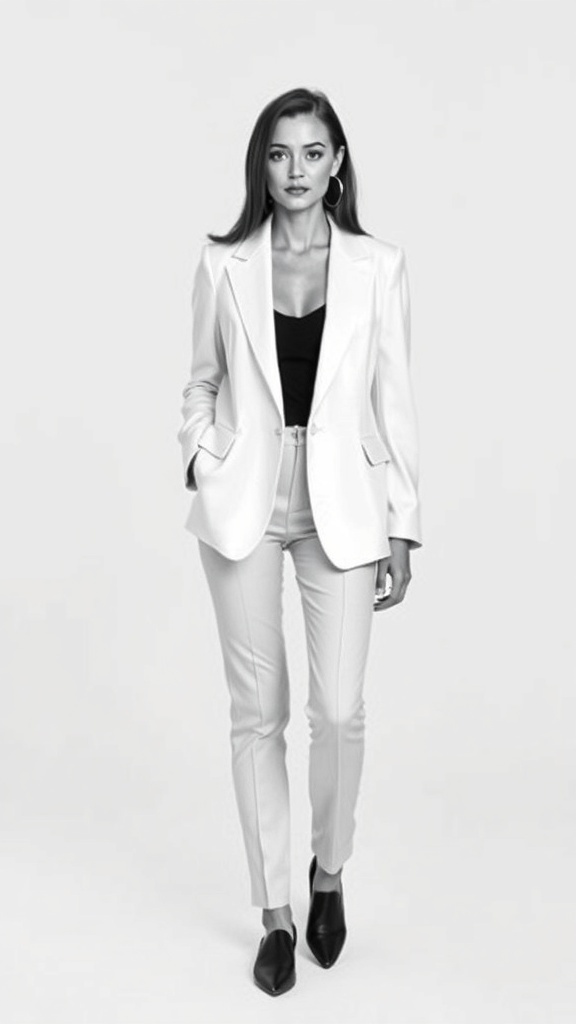A model wearing a white blazer and matching trousers, with a black top and pointed black heels.