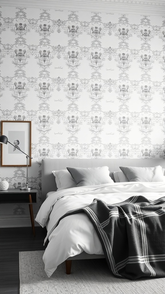 A stylish bedroom featuring monochrome floral wallpaper, a gray bed frame, and white bedding.