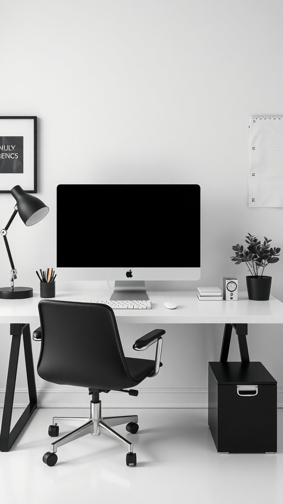 A minimal desk setup featuring a computer, lamp, chair, and decorative items in monochrome colors.