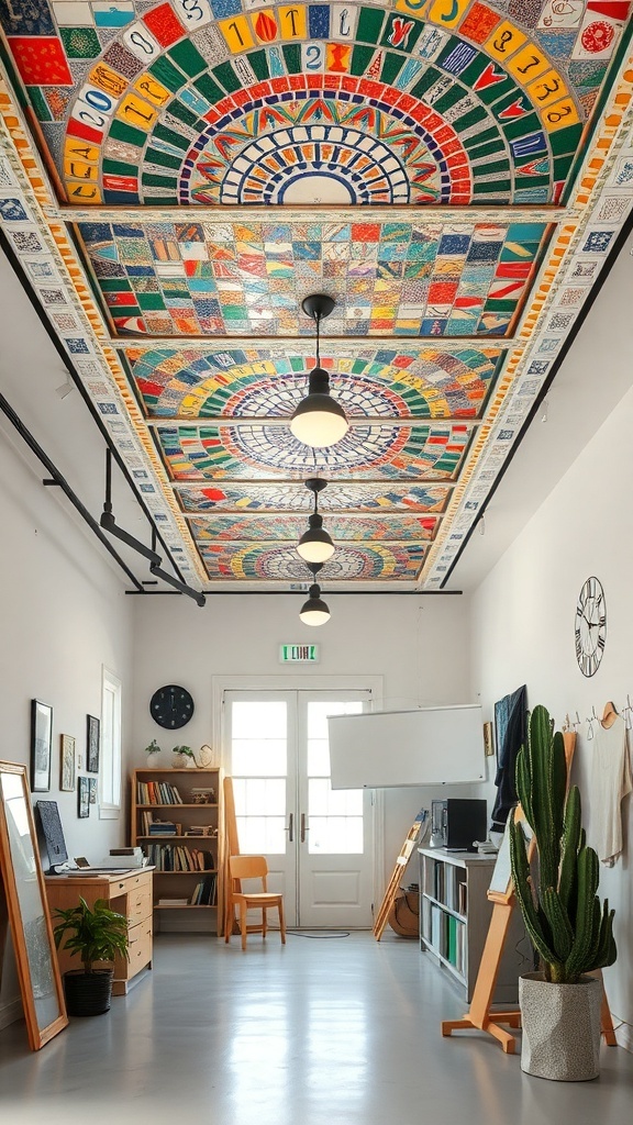 Colorful mosaic ceiling panels in a modern interior space