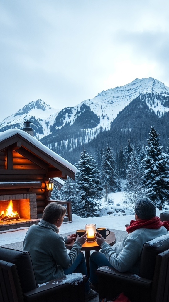 A couple enjoying a cozy moment by a fire in a snowy mountain setting