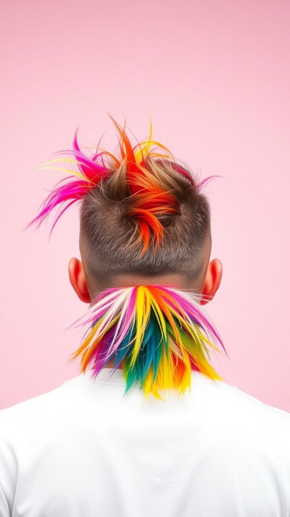 A vibrant mullet hairstyle featuring bright colors like pink, yellow, and blue, styled in a modern way.