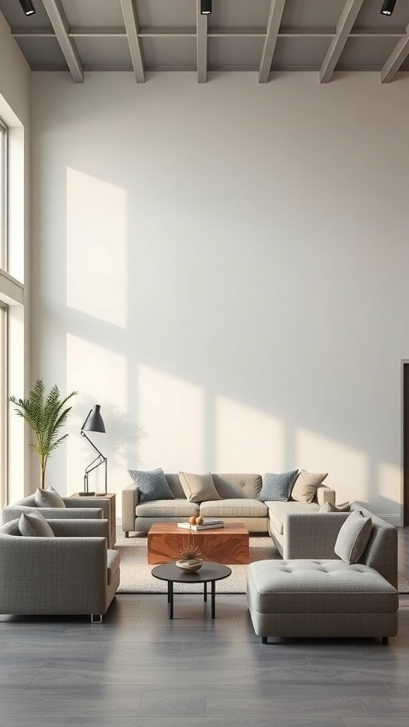 A modern living room with multi-functional furniture, featuring a sofa, armchairs, and a coffee table, illuminated by natural light.