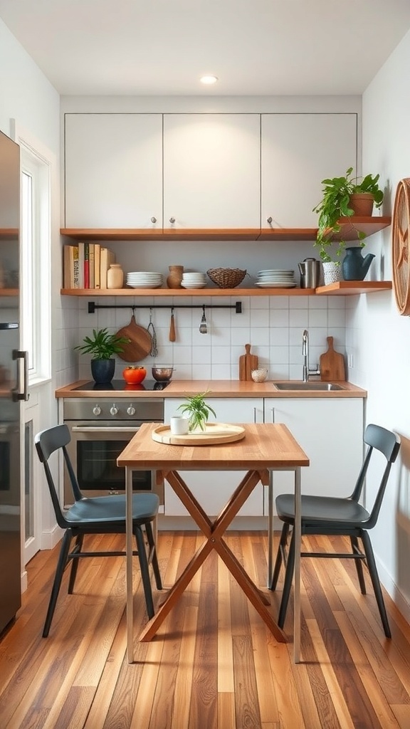 A small kitchen featuring a compact dining table, black chairs, and open shelving with plants and dishes.