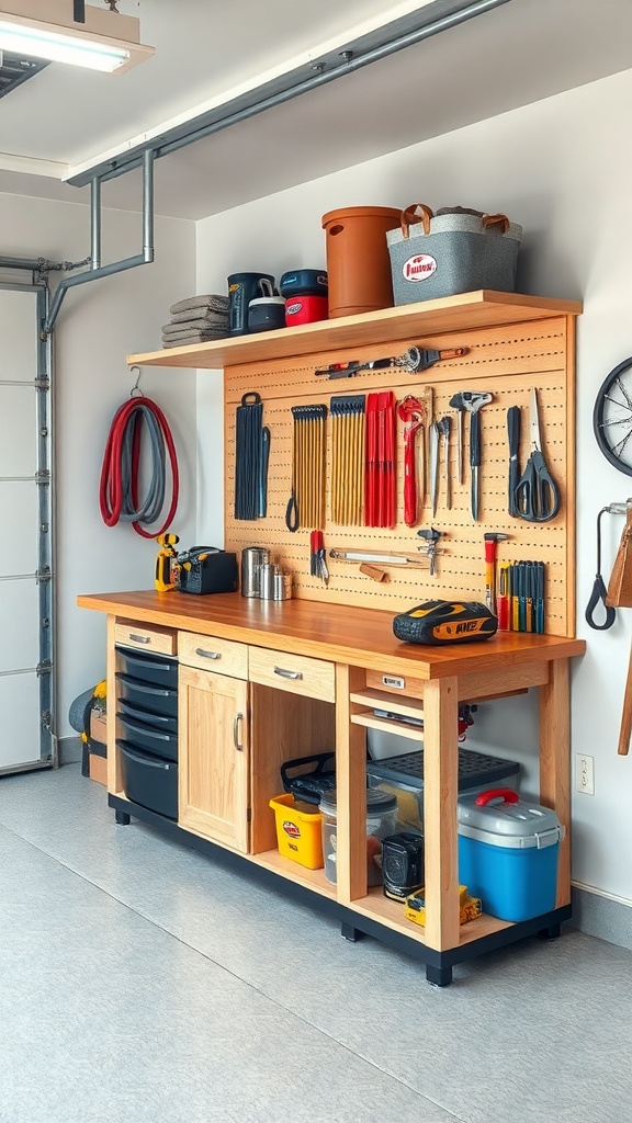 A well-organized garage workbench with tools, storage containers, and a pegboard.