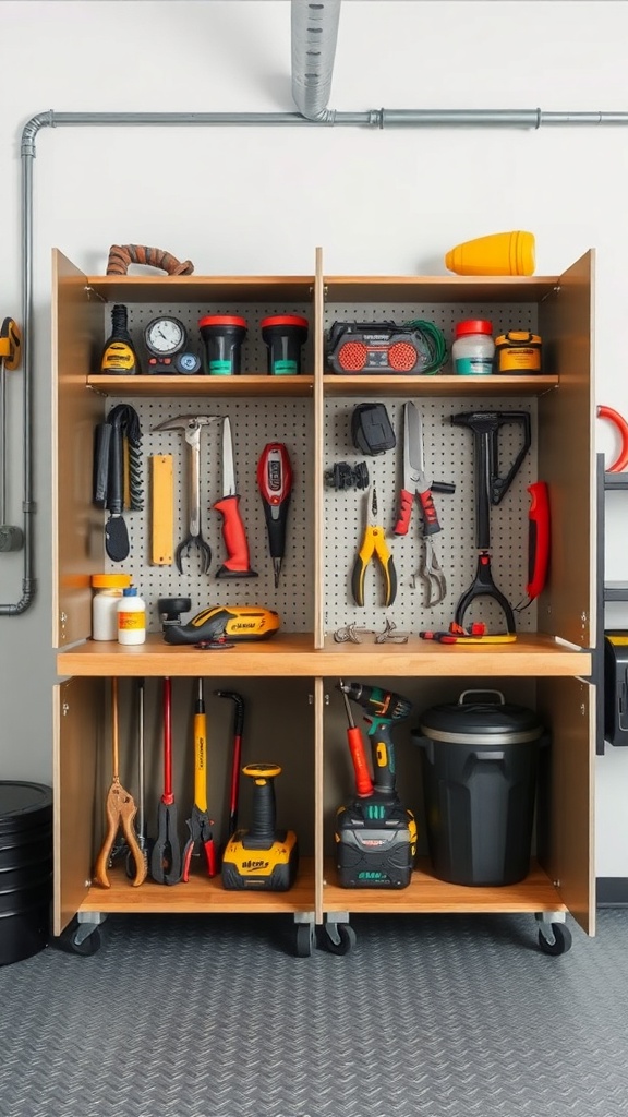 A multi-purpose garage cabinet with various tools organized on shelves and a pegboard.