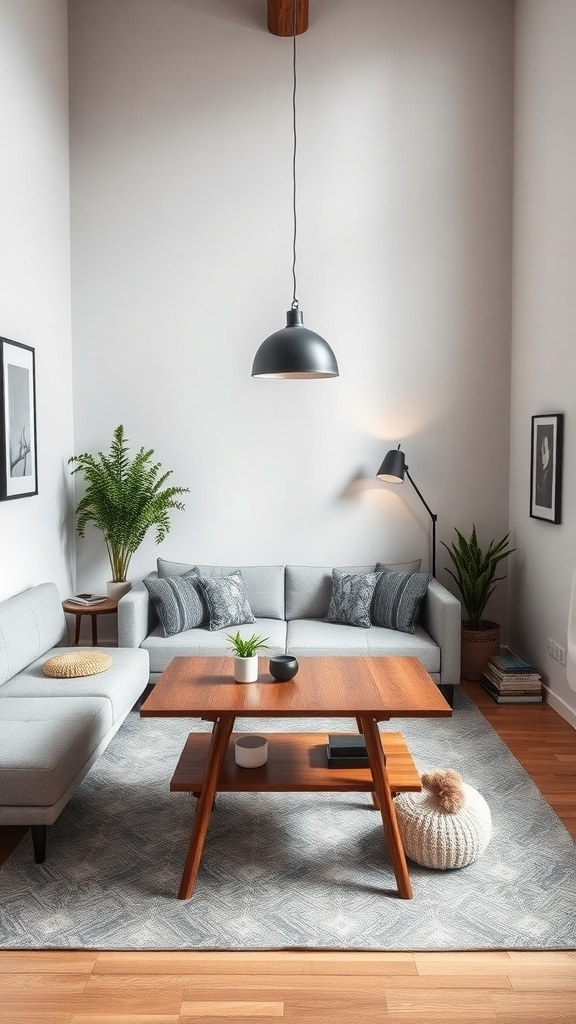 A cozy small loft living area featuring a modern sofa, wooden coffee table, and plants.