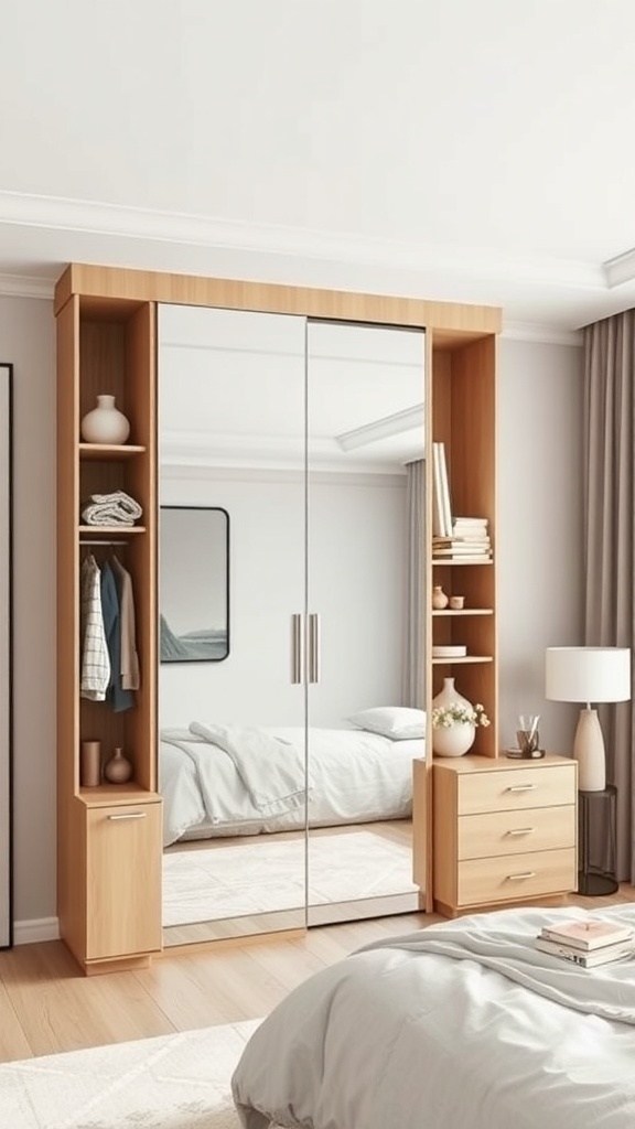 A modern wardrobe with mirrored doors and wooden accents, featuring shelves and a bedside table.