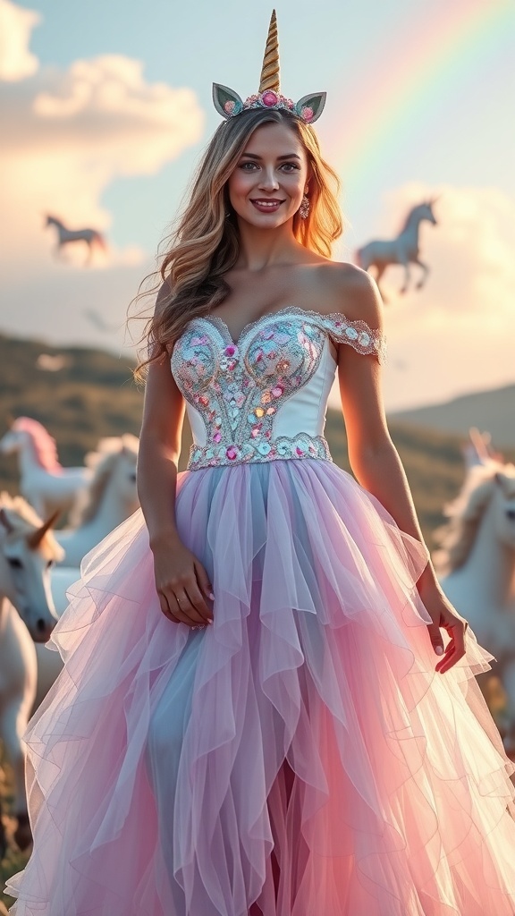 A whimsical dress inspired by unicorns, featuring a pastel tulle skirt and floral bodice with a unicorn horn headpiece.