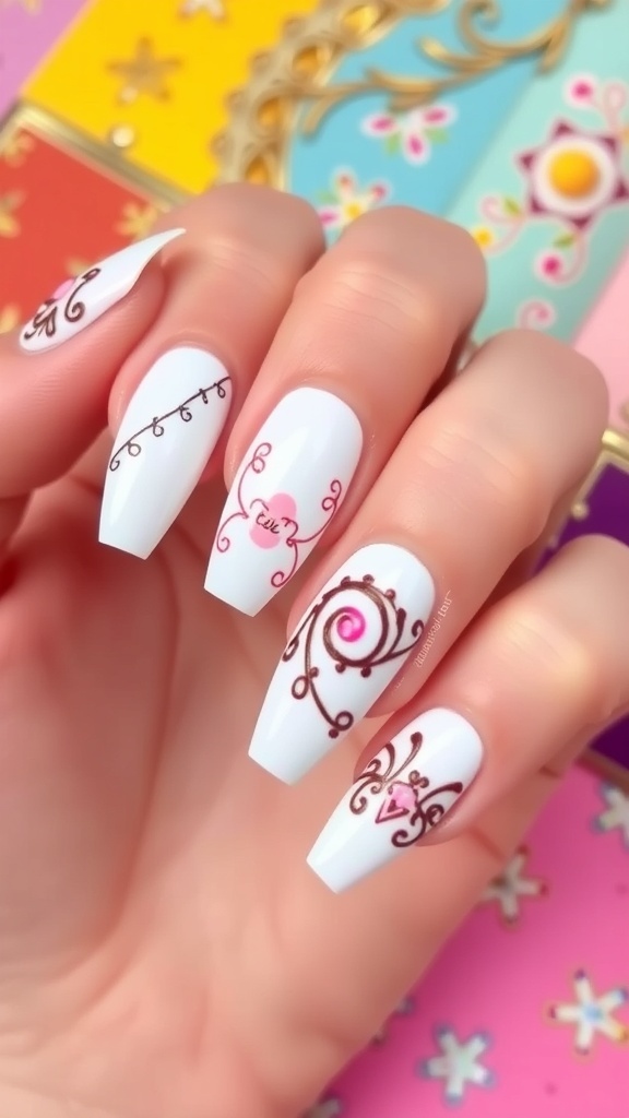 A set of white French nails with colorful designs including hearts and flowers.