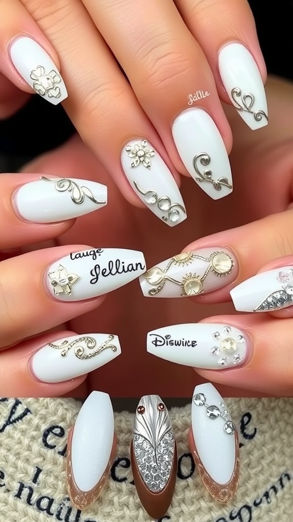 A set of white chrome nails with intricate designs and embellishments.