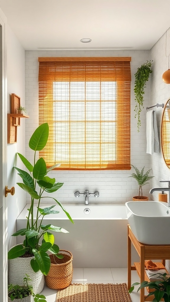 Bright bathroom with natural bamboo shades and indoor plants