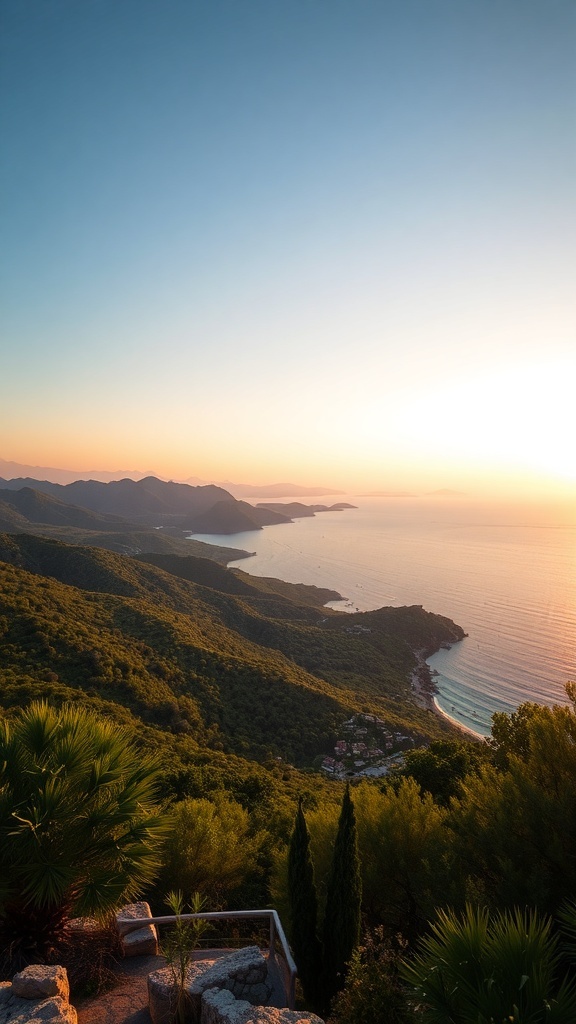 A scenic view of the coastline of Samos, Greece, showcasing mountains, lush greenery, and the sea at sunset.