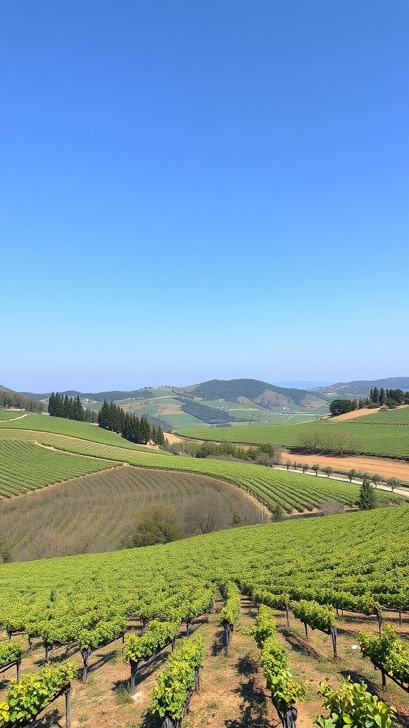A scenic view of vineyards and rolling hills under a clear blue sky in Izmir Turkey