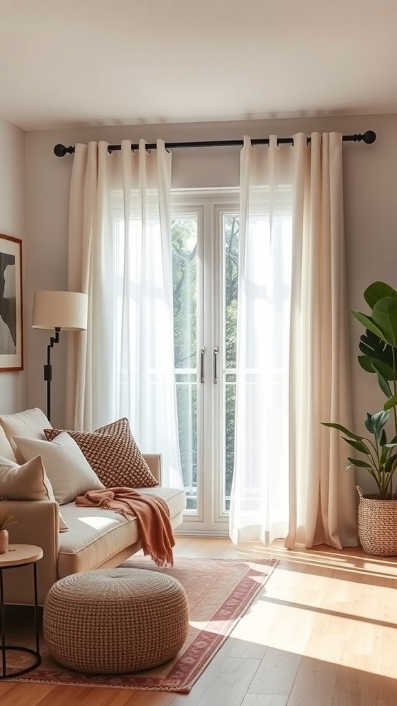 Cozy living room with sliding door curtains made of natural fabric, featuring a light color scheme and earthy decor.